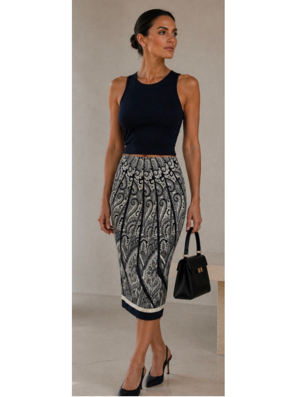 Etro Midi Skirt Size 38/S Navy and White Paisley Print New!